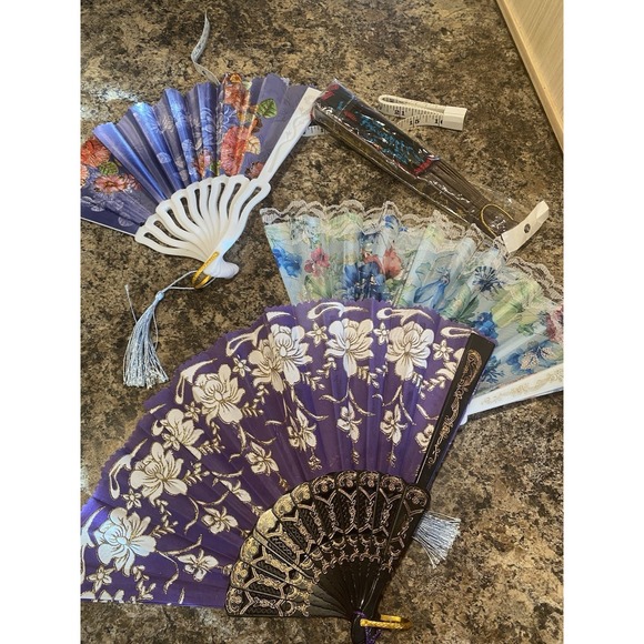 The Unbranded Brand Accessories - Lot Of 4 Hand Held Fans Purple Blue Black Floral Folding